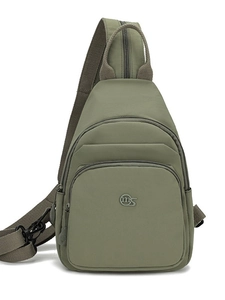 Olive green Oxford cloth crossbody bag with multiple zippers and adjustable strap