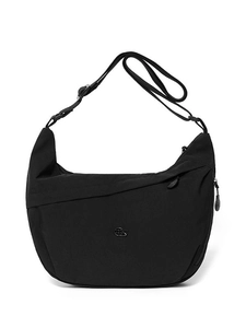 Minimalist black half-moon canvas crossbody bag with adjustable wide strap for daily commute
