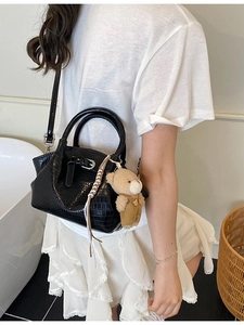 Fashionable black crocodile pattern crossbody bucket bag with cute brown bear charm
