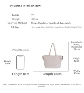 Detailed size guide for large canvas tote bag showing dimensions and phone comparison