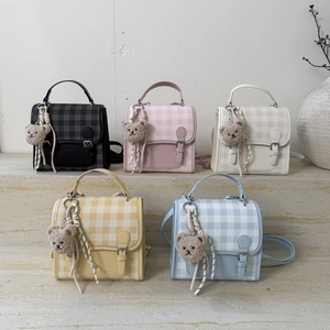 Mini macaron checkered backpacks with plush bear charms and rustic decor in five colors