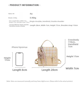 Size comparison of yellow plaid mini backpack and phone with 20x7x17cm dimensions