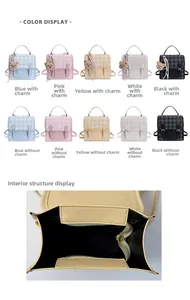 Detail view of mini plaid backpack internal storage space with a small zipper pocket