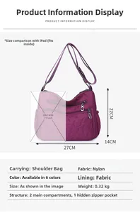 Size comparison and specifications chart for purple nylon crossbody bag with heart quilting