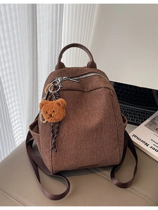 Women Contrast Color Denim Backpack Large Capacity Commute Student School Bag With Bear Pendant Adjustable Shoulder Straps Fashion Handbag
