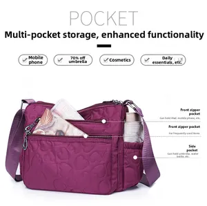 Detailed view of purple quilted crossbody bag showing multi-pocket storage for iPad and essentials