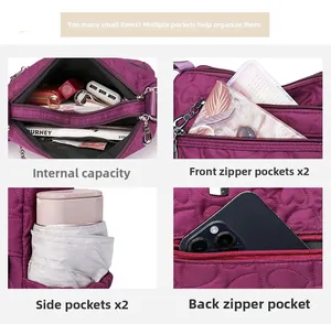 Detail showing large capacity storage and multiple zipper pockets on a purple nylon bag