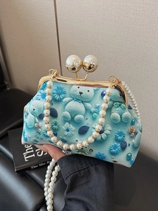 Retro Shell Crossbody Bag Vintage Fabric Teddy Bear Daisy Crochet Handbag Artificial Pearl Chain Shoulder Bag Niche Elegant Lady Purse