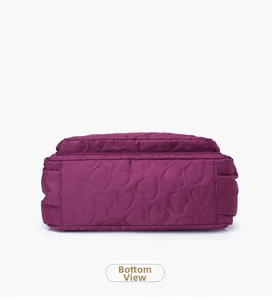 Bottom view of purple nylon crossbody bag with detailed heart-shaped quilting