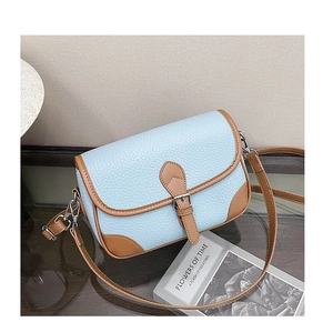 Detail of light blue lychee pattern leather flap bag with brown contrast trim and silver buckle