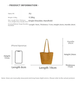 Detailed size specifications of the yellow hollow-out PU tote bag with iPhone 16 Pro Max