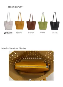 Detail of hollow-out tote bag with matching inner pouch in five stylish colors