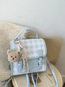 Women Plaid Mini Backpack Contrast Color PU Leather Fashion Small Handbag With Cute Plush Bear Pendant Casual College Style