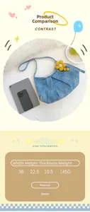 Guide des tailles sac croissant en denim avec dimensions et vue comparative