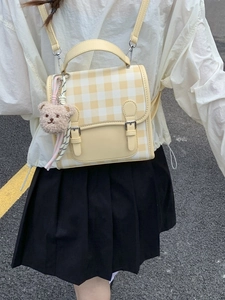 Fashionable yellow gingham school backpack for women with cute bear charm and PU leather