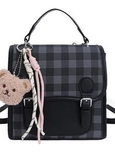 British style checkered backpack with leather flap and cute bear pendant for women