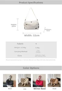 Detailed chart of lightweight nylon crossbody bag showing dimensions and four color options