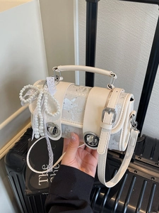 Sac Boston Vintage pour Femmes en Cuir PU Sac à Bandoulière Cylindrique Avec Nœud en Künstliche Perle Et Dentelle Petit Sac Carré Mode