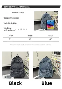 Size chart for denim backpack showing dimensions of 31x15x40 cm with wash care icons