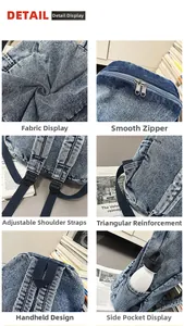 Detail view of washed denim backpack showing metal zippers, stitching and side pockets
