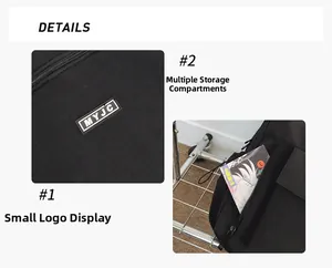 Detail view of the black backpack featuring the MYJC logo embroidery and multi-pocket storage