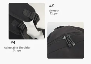 Detail view of smooth two-way zippers and adjustable shoulder straps on black backpack