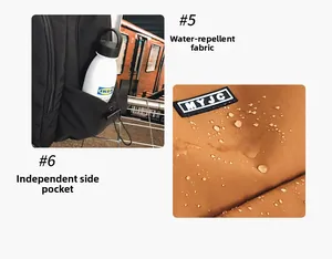 Detail of water-resistant nylon fabric and expandable side pocket on black backpack