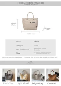 Detailed size chart and specifications for the large canvas tote bag with dimensions