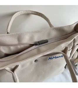 Close-up of smooth metal zipper and durable canvas fabric on a beige tote bag