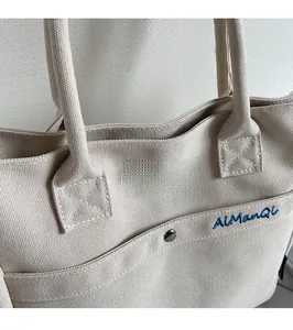Detail of canvas tote bag showing fine stitching, blue embroidery, and metal snap button