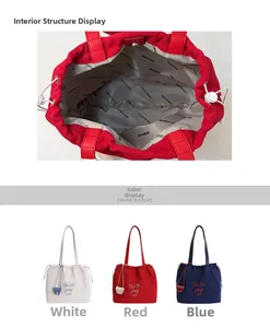 Detail showing the magnetic closure and internal lining of the canvas drawstring tote bag