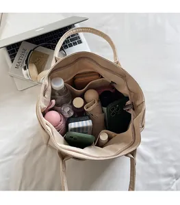 Top view of canvas tote bag interior with multiple compartments for organized storage