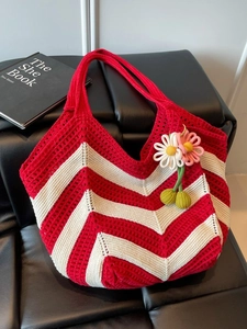 Women Large Capacity Crochet Tote Bag Wave Pattern Knitted Shoulder Bag With Flower Charm Casual Beach Vacation Handbag