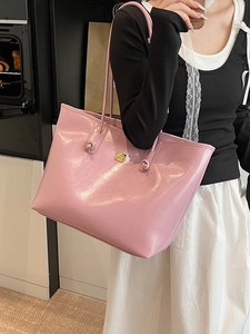 Minimalist Large Capacity PU Leather Tote Bag For Women Commuting Shoulder Bag With Gold Metal Logo Solid Color Handbag