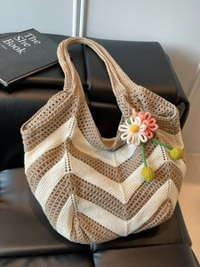 Handmade crochet tote bag with wave stripes and 3D floral pendant in beige and white