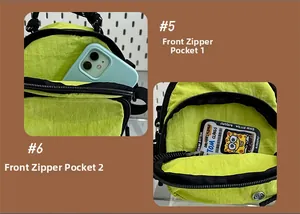 Détail du mini sac bandoulière en nylon vert fluo avec deux poches zippées à l'avant