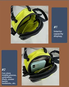Détail de la sacoche en nylon jaune fluo avec compartiments à double zip et poches internes