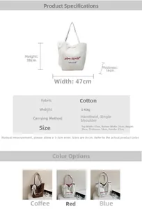 Detailed size specifications for a large canvas tote bag with red bow and lettering
