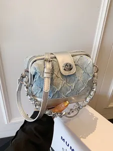 Korean Fashion Denim Texture PU Crossbody Bag For Women Mini Square Chain Handbag Silver Blue Lock Closure Small Messenger Bag