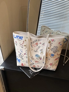 Grand Sac Tote en Cuir PU pour Femmes Mode Imprimé Graffiti Sac à Épaule pour Trajet Travail École Quotidien Décontracté