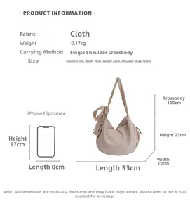 Detailed size specifications for the beige crossbody bag with bow strap and dimensions