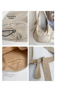 Detail view of beige nylon tote showing drawstring closure and adjustable knotted strap