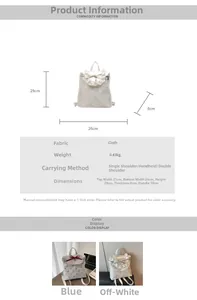 Detailed size guide for bow backpack showing 29cm height and material specs