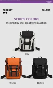 Detailed comparison of gray, orange, and black nylon backpacks with flap buckle closures