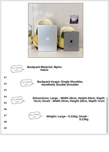 Detailed size chart for lightweight nylon backpacks in small and large size options