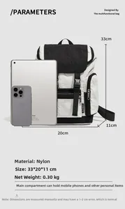 Detail showing the internal capacity of the nylon backpack with an iPad for size reference