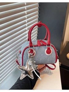 Borsa Boston da Donna in Denim Stile Coreano Moda Colore a Contrasto Mini Borsa a Spalla Con Ciondolo a Stella Retro Borsa a Tracolla