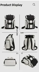 Multi-angle view of black and white outdoor backpack showing all sides and details
