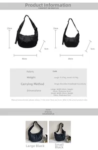 Detailed size chart for minimalist black nylon crossbody bags showing large and small sizes