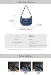 Size guide for large denim crossbody bag with detailed dimensions and material info